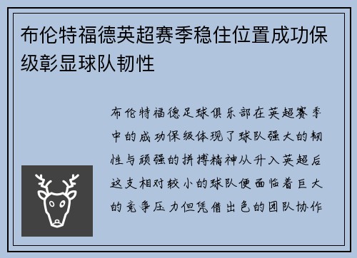 布伦特福德英超赛季稳住位置成功保级彰显球队韧性
