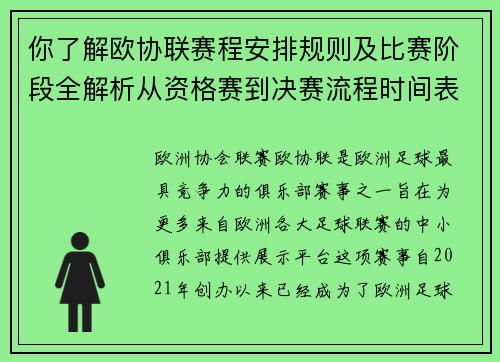 你了解欧协联赛程安排规则及比赛阶段全解析从资格赛到决赛流程时间表详解
